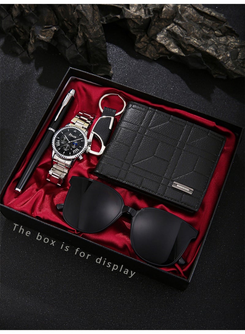 5PCS ساعة رجال مجموعة، عارضة 100 ركوب الأعمال الأزياء الفولاذ المقاوم للصدأ الساعة الأزياء + محفظة + النظارات الزخرفية + قفل المفتاح + توقيع قلم، مناسبة له عيد الميلاد الكمال هدية عيد الميلاد - Image 1