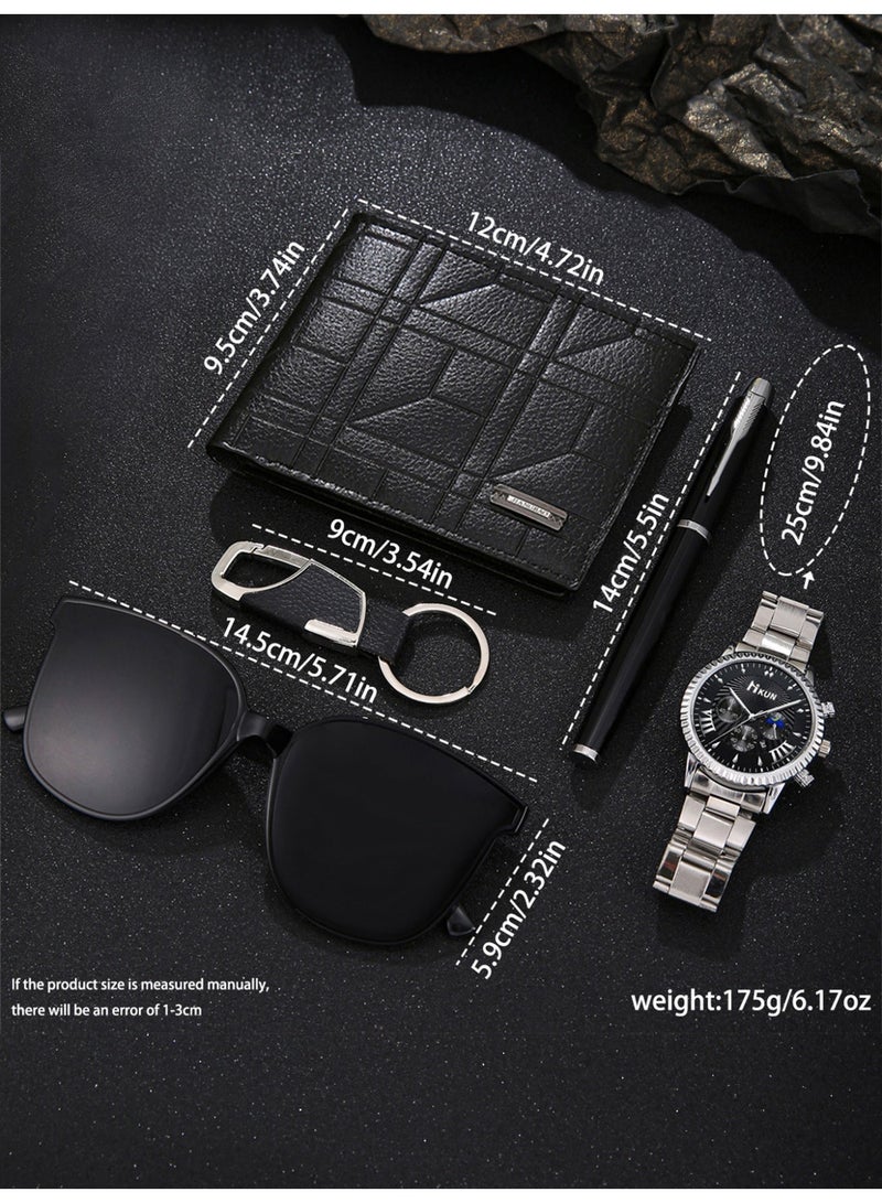 5PCS ساعة رجال مجموعة، عارضة 100 ركوب الأعمال الأزياء الفولاذ المقاوم للصدأ الساعة الأزياء + محفظة + النظارات الزخرفية + قفل المفتاح + توقيع قلم، مناسبة له عيد الميلاد الكمال هدية عيد الميلاد - Image 3