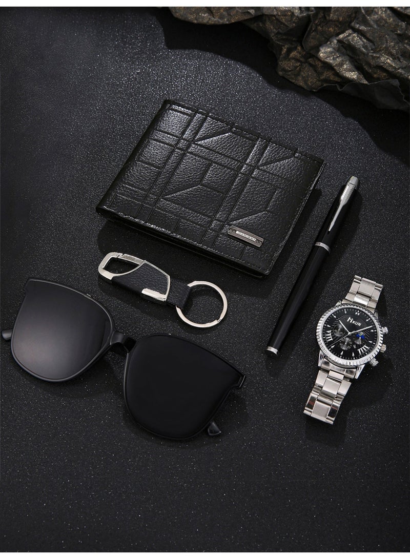 5PCS ساعة رجال مجموعة، عارضة 100 ركوب الأعمال الأزياء الفولاذ المقاوم للصدأ الساعة الأزياء + محفظة + النظارات الزخرفية + قفل المفتاح + توقيع قلم، مناسبة له عيد الميلاد الكمال هدية عيد الميلاد - Image 2