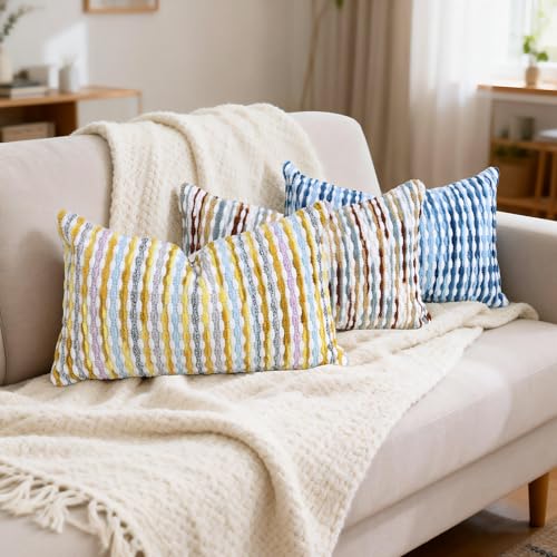 QoBexim Boho Decorative Throw Pillow Covers 12x20 Inch, Chenille Tufted Pillow Cover Stripe Textured Lumbar Farmhouse Accent Pillowcase for Couch Sofa Bedroom Living Room, Red White Khaki Grey 1 Pack - Image 3