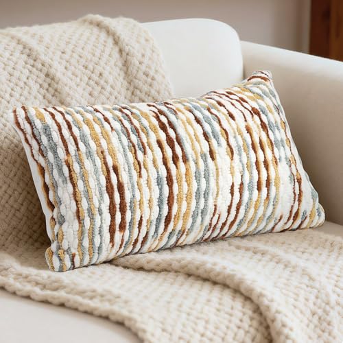 QoBexim Boho Decorative Throw Pillow Covers 12x20 Inch, Chenille Tufted Pillow Cover Stripe Textured Lumbar Farmhouse Accent Pillowcase for Couch Sofa Bedroom Living Room, Red White Khaki Grey 1 Pack - Image 1