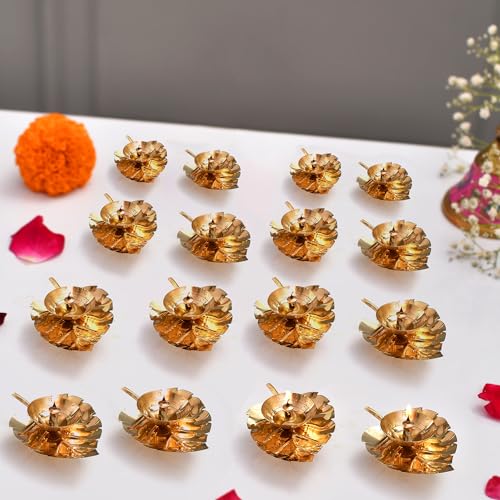 Craftvatika Leaf Brass Diya Set of 16 for Home Office Puja Decor Leaf Diya Brass Leaf diyas for Pooja Room Leaf Shaped Brass Diya for Home Diwali Decoration Gift Items - Image 1
