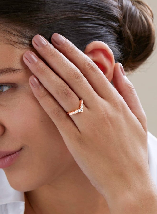 MINUTIAE Stylish Solitaire Crystal Diamond V Shaped Half Round | Adjustable Ring for Women & Girls (Rose Gold) - Image 2