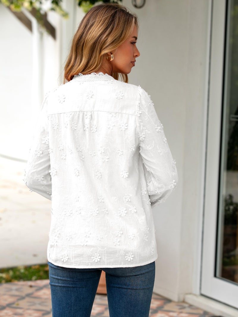 Simplee Womens Eyelet Long Sleeve White Blouses V Neck Button Down Cotton Embroidered Spring Fall Blouse Shirts Fashion Clothes S - Image 4