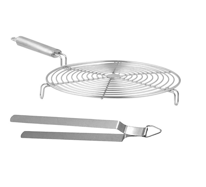 NOHUNT Stainless Steel Roaster Round Roaster 8" for Roti Chapati, Papad Jali, Paneer Grill, Roti Maker, Barbeque Jali with Stainless Steel Chimta/Tong Pack of 2 - Image 1