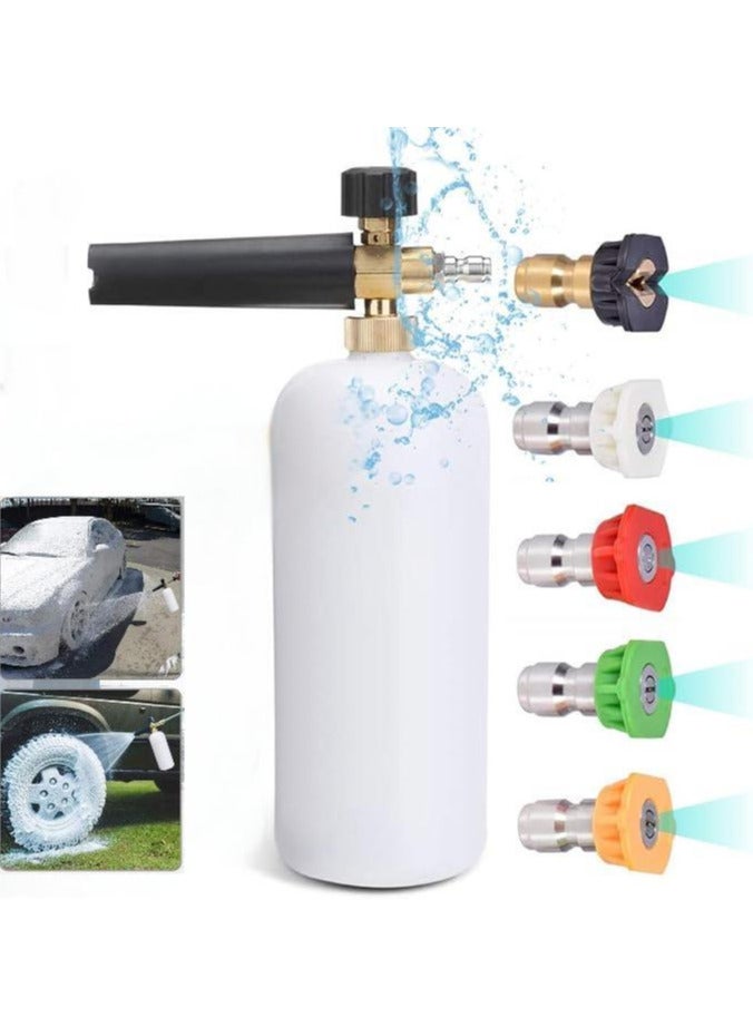 Pressure Washer Foam Cannon, 1L Adjustable 1/4 Quick Release Snow Foam Lance Bottle Soap Dispenser Jet Wash Foam Sprayer, 5Pcs Pressure Washer Spray Nozzle Tips for Car Washing, Yard Cleaning - Image 1