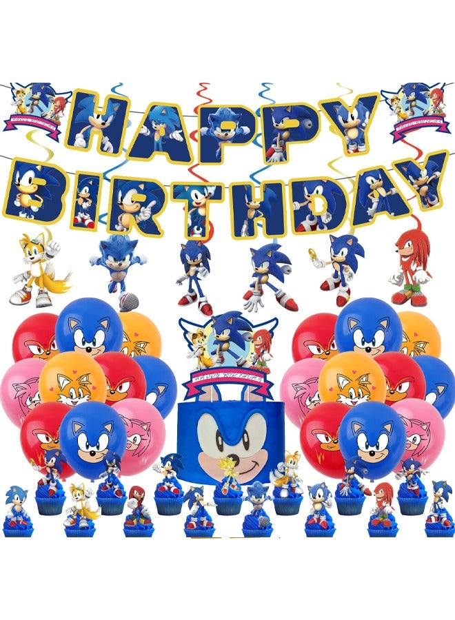 JEEJPV Sonic The Hedgehog Balloon Set with Happy Birthday Banner,Cake Topper,Hanging Spins,Perfect for Graduation Baby Shower Birthday Bachelorette Party Backdrop Decoration,Suitable for Indoor and Outdoor - Image 1