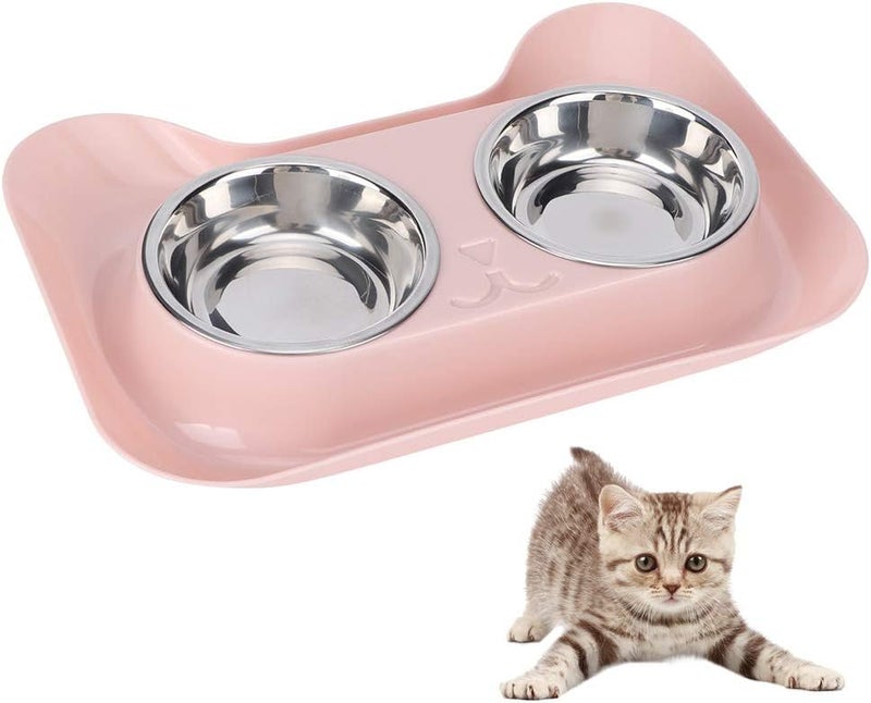 Stainless Steel Pet Cat Double Bowls Feeder, Blue, 31x21x4cm - Durable, Dual Food and Water Design for Cats (Pink) - Image 1
