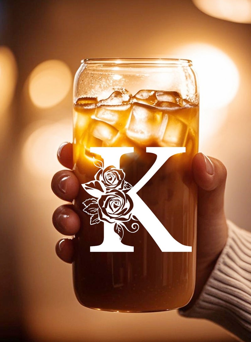 DAMCONME Birthday Gifts for Ladies, Monogrammed Initial Glass Cup Personalized Gifts for Women, 16oz Glass Cups with Lids and Straws, Iced Coffee Cup - Gifts for Birthday,K - Image 5