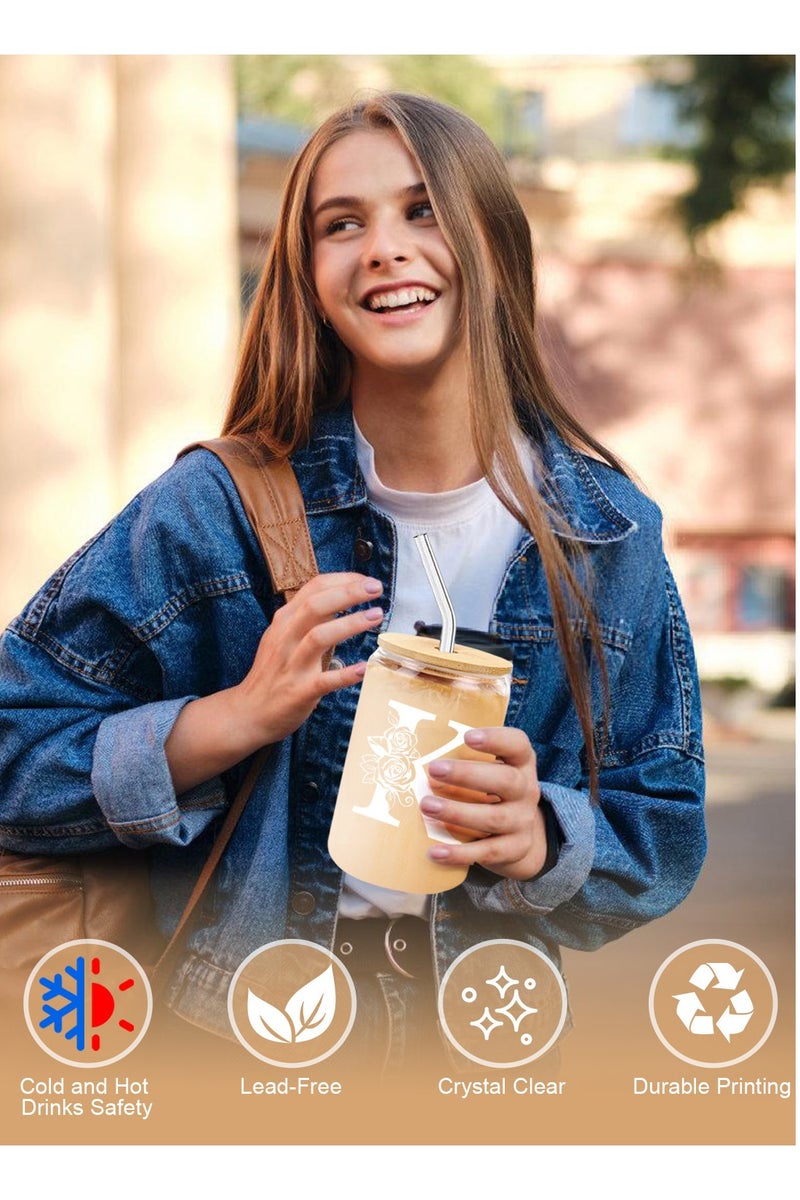 DAMCONME Birthday Gifts for Ladies, Monogrammed Initial Glass Cup Personalized Gifts for Women, 16oz Glass Cups with Lids and Straws, Iced Coffee Cup - Gifts for Birthday,K - Image 2