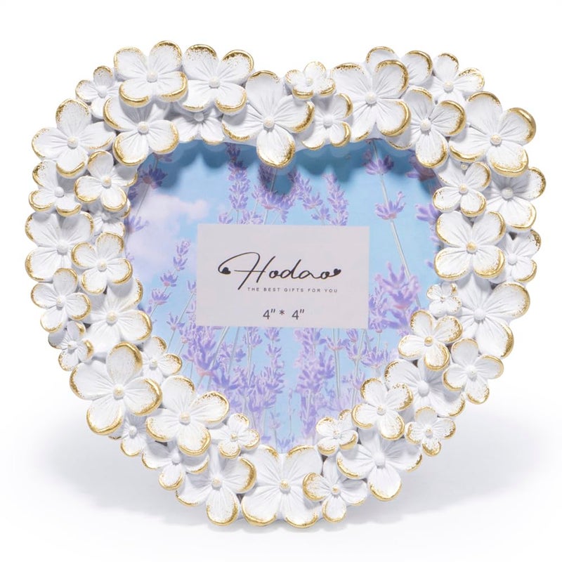 Hodao 4x4 Inch 3D Floral Heart Shaped Frame - Hand-Crafted Resin Picture Frame with White & Gold Accents for Wedding, Motherâ€™s Day & Romantic Home Decor (White Gold-Heart) - Image 1