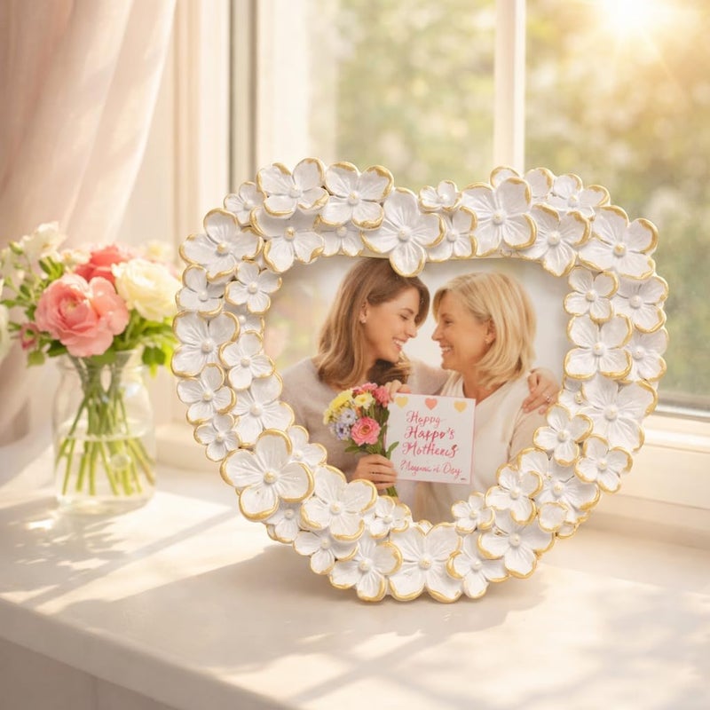 Hodao 4x4 Inch 3D Floral Heart Shaped Frame - Hand-Crafted Resin Picture Frame with White & Gold Accents for Wedding, Motherâ€™s Day & Romantic Home Decor (White Gold-Heart) - Image 2