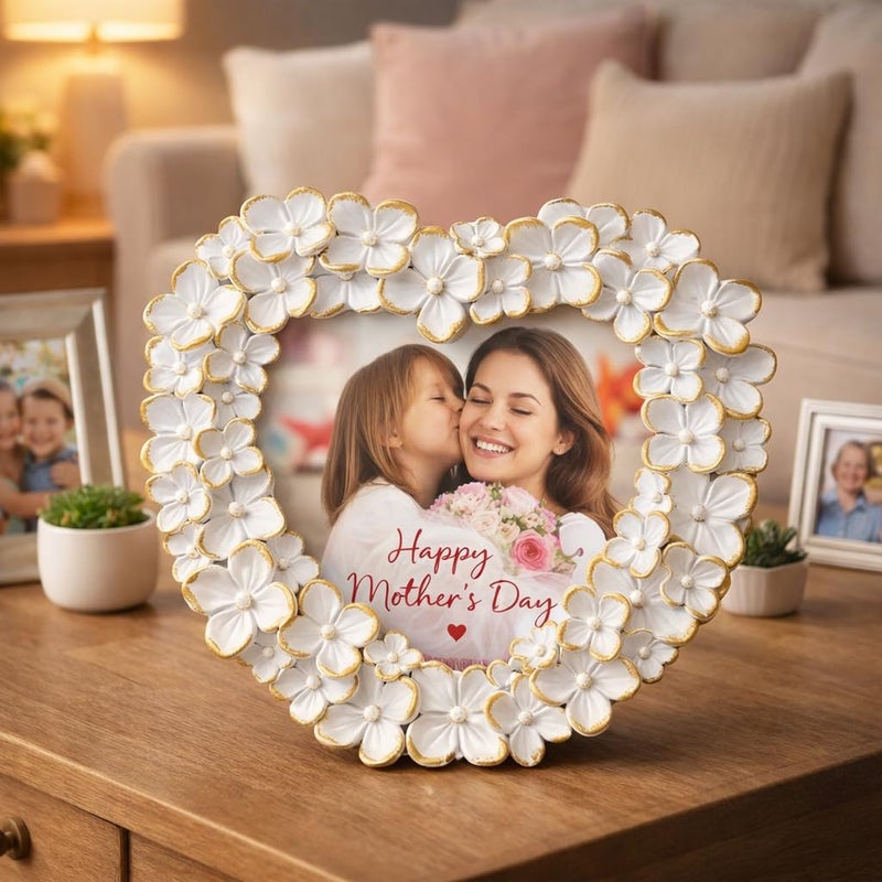 Hodao 4x4 Inch 3D Floral Heart Shaped Frame - Hand-Crafted Resin Picture Frame with White & Gold Accents for Wedding, Motherâ€™s Day & Romantic Home Decor (White Gold-Heart) - Image 4
