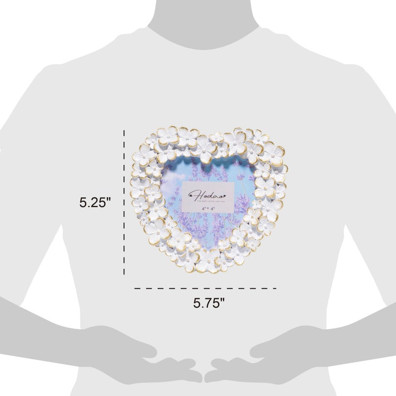 Hodao 4x4 Inch 3D Floral Heart Shaped Frame - Hand-Crafted Resin Picture Frame with White & Gold Accents for Wedding, Motherâ€™s Day & Romantic Home Decor (White Gold-Heart) - Image 3