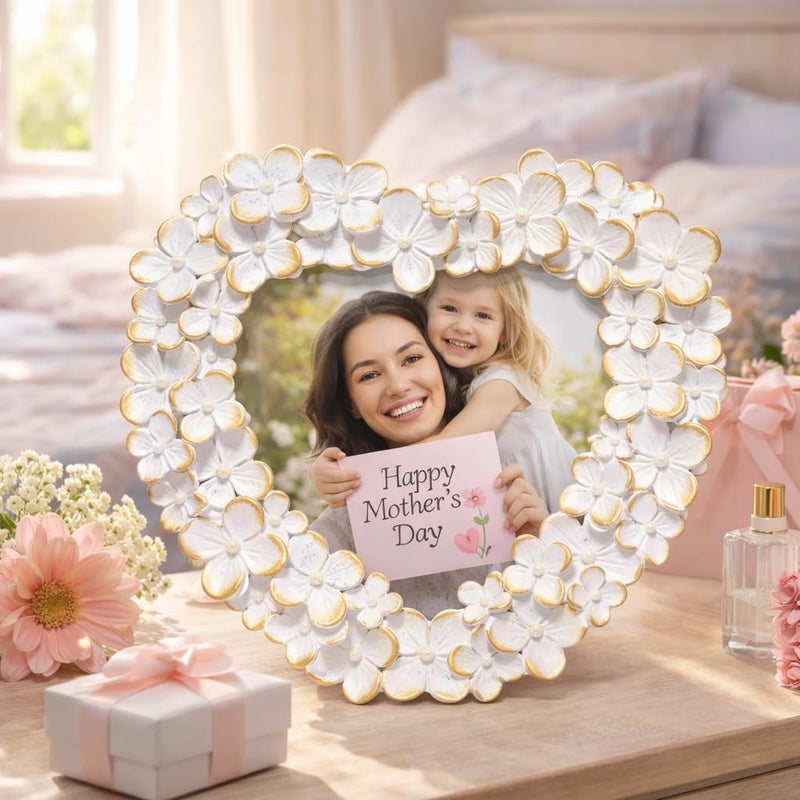 Hodao 4x4 Inch 3D Floral Heart Shaped Frame - Hand-Crafted Resin Picture Frame with White & Gold Accents for Wedding, Motherâ€™s Day & Romantic Home Decor (White Gold-Heart) - Image 5