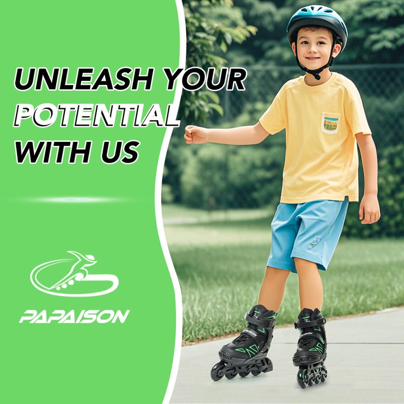 PAPAISON Boys Inline Skates Ages 5-8 8-12, Adjustable Size Beginner Roller Skates Blades for Kids Youth (Green, Medium - Big Kid (1-4 US)) - Image 2
