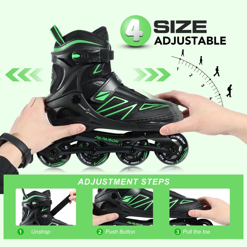 PAPAISON Boys Inline Skates Ages 5-8 8-12, Adjustable Size Beginner Roller Skates Blades for Kids Youth (Green, Medium - Big Kid (1-4 US)) - Image 3
