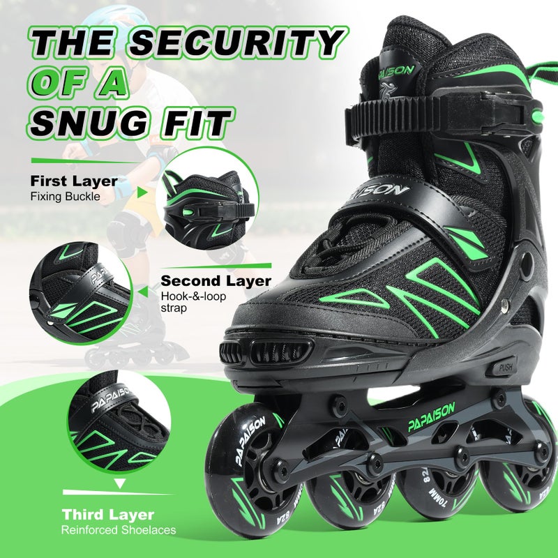PAPAISON Boys Inline Skates Ages 5-8 8-12, Adjustable Size Beginner Roller Skates Blades for Kids Youth (Green, Medium - Big Kid (1-4 US)) - Image 5