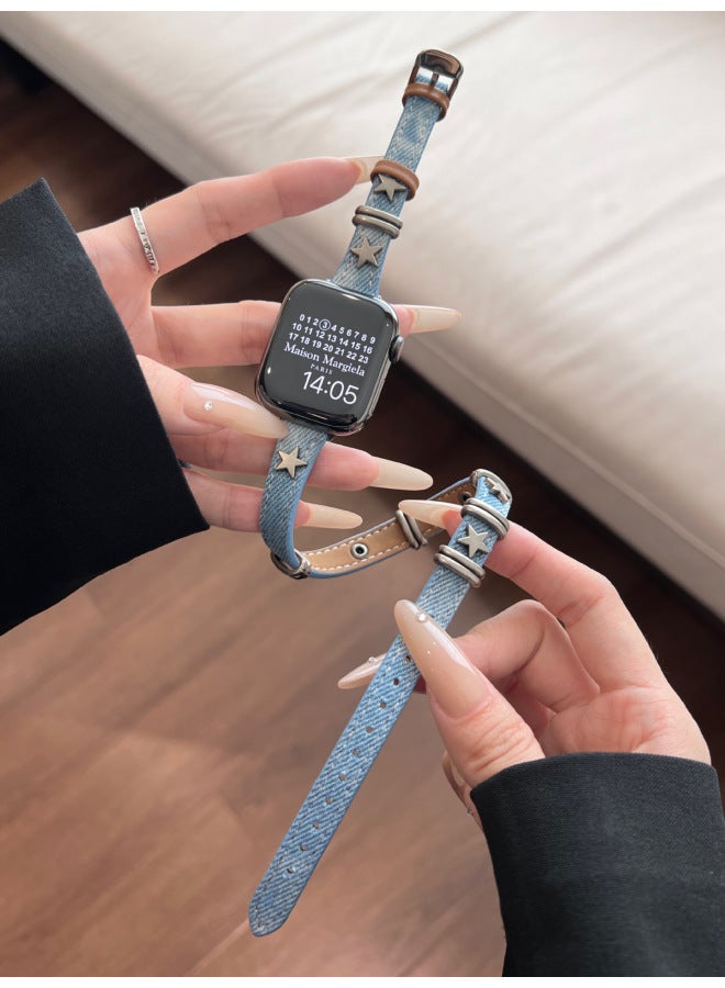 إسكدنيا حزام على شكل نجمة خماسية من الدنيم المغسول المصبوغ لساعة Apple Watch Iwatch98 الجيل 765 - اللون: أزرق وأبيض (نمط طويل) - المواصفات: 42/44/45/49 - Image 1