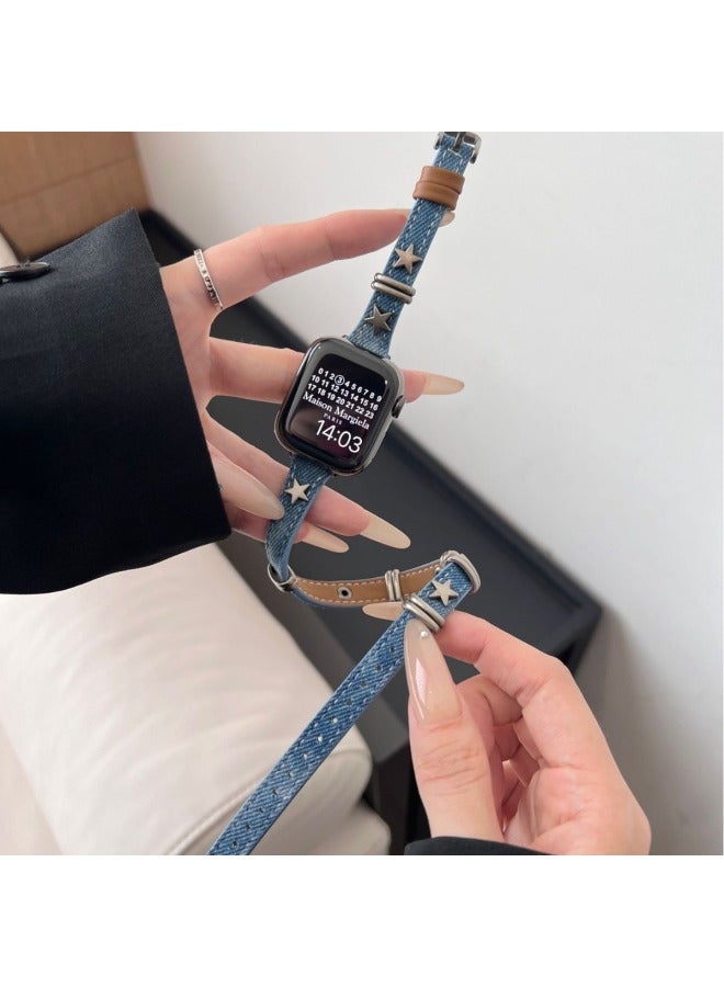 إسكدنيا حزام على شكل نجمة خماسية من الدنيم المغسول المصبوغ لساعة Apple Watch Iwatch98 الجيل 765 - اللون: أزرق وأبيض (نمط طويل) - المواصفات: 42/44/45/49 - Image 3