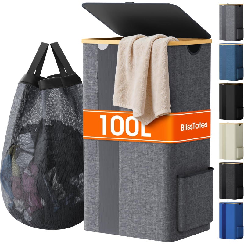 BlissTotes Laundry Basket with Lid, 100L Clothes Laundry Hamper with Handles and Removable Laundry Bag, Breathable Design Hamper with Lid for Bedroom, Bathroom, Dorm, Laundry Room - Light Grey - Image 1