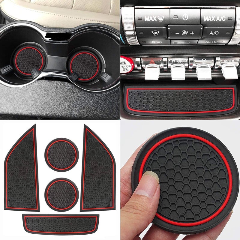 Auprite NonSlip Mats for Mustang Accessories 20152023 Custom Fits Cup Holder Liners Mats Door Pocket Center Console Liners5Pcs Red