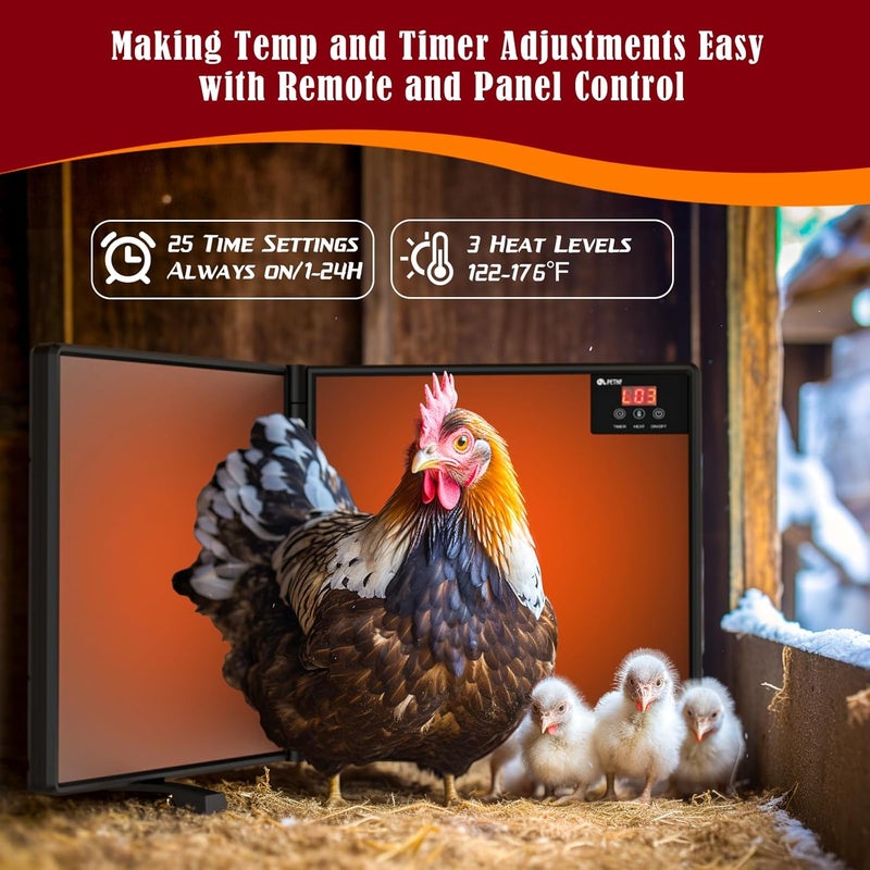 petnf Chicken Coop Heater Inside Coop with Remote Control, 180W Foldable Radiant Heaters, 30''x12'' Large Heating Panel Warmer for Cozy Winter with Adjustable Timer and Temp, Safer Than Brooder Heat Lamp - Image 3