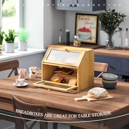 STDDRE Bread Box for Kitchen Countertop Bin Double Layer Bread Box Storage Container Extra Large Capacity Farmhouse with Diamond Pattern Windows (Natural, Large) - Image 3