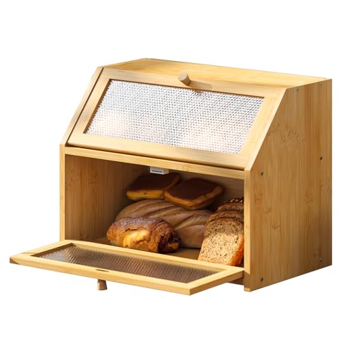 STDDRE Bread Box for Kitchen Countertop Bin Double Layer Bread Box Storage Container Extra Large Capacity Farmhouse with Diamond Pattern Windows (Natural, Large) - Image 1