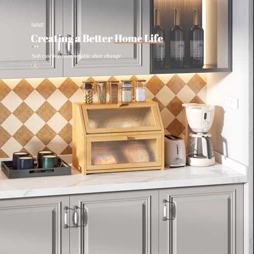 STDDRE Bread Box for Kitchen Countertop Bin Double Layer Bread Box Storage Container Extra Large Capacity Farmhouse with Diamond Pattern Windows (Natural, Large) - Image 5