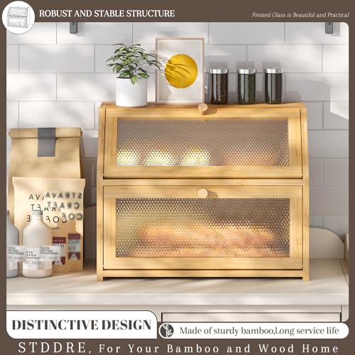 STDDRE Bread Box for Kitchen Countertop Bin Double Layer Bread Box Storage Container Extra Large Capacity Farmhouse with Diamond Pattern Windows (Natural, Large) - Image 2