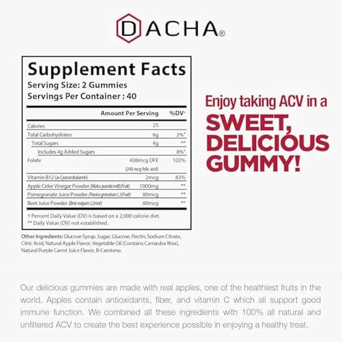 DACHA Premium Apple Cider Vinegar Gummies – 80 Count, 1000mg Raw, Organic, Unfiltered ACV from The Mother, Not Sticky, Immune, Detox, Fitness & Acid Reflux Heartburn Pomegranate Beet Root Vitamin B9 B12 - Image 3