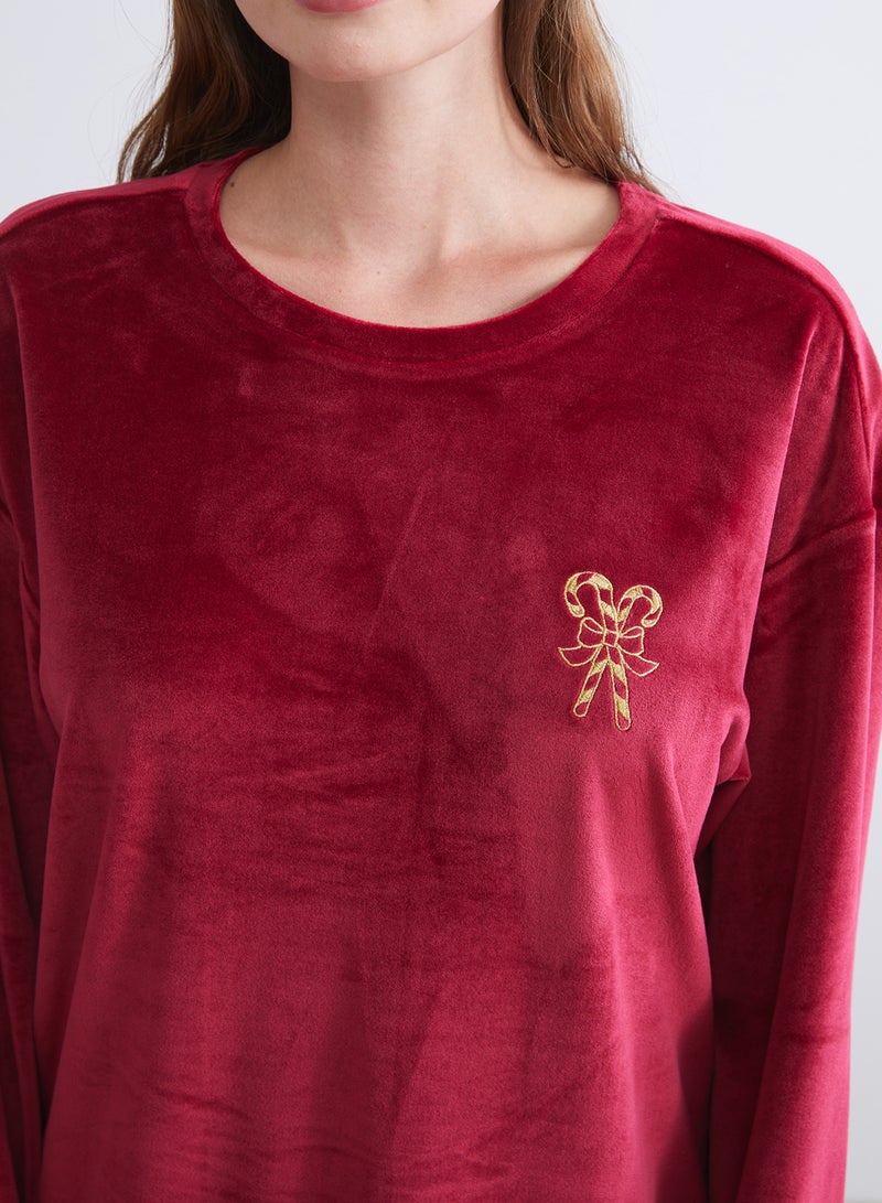 LC WAIKIKI Crew Neck Embroidered Women's Velvet Pyjama Set - Image 3