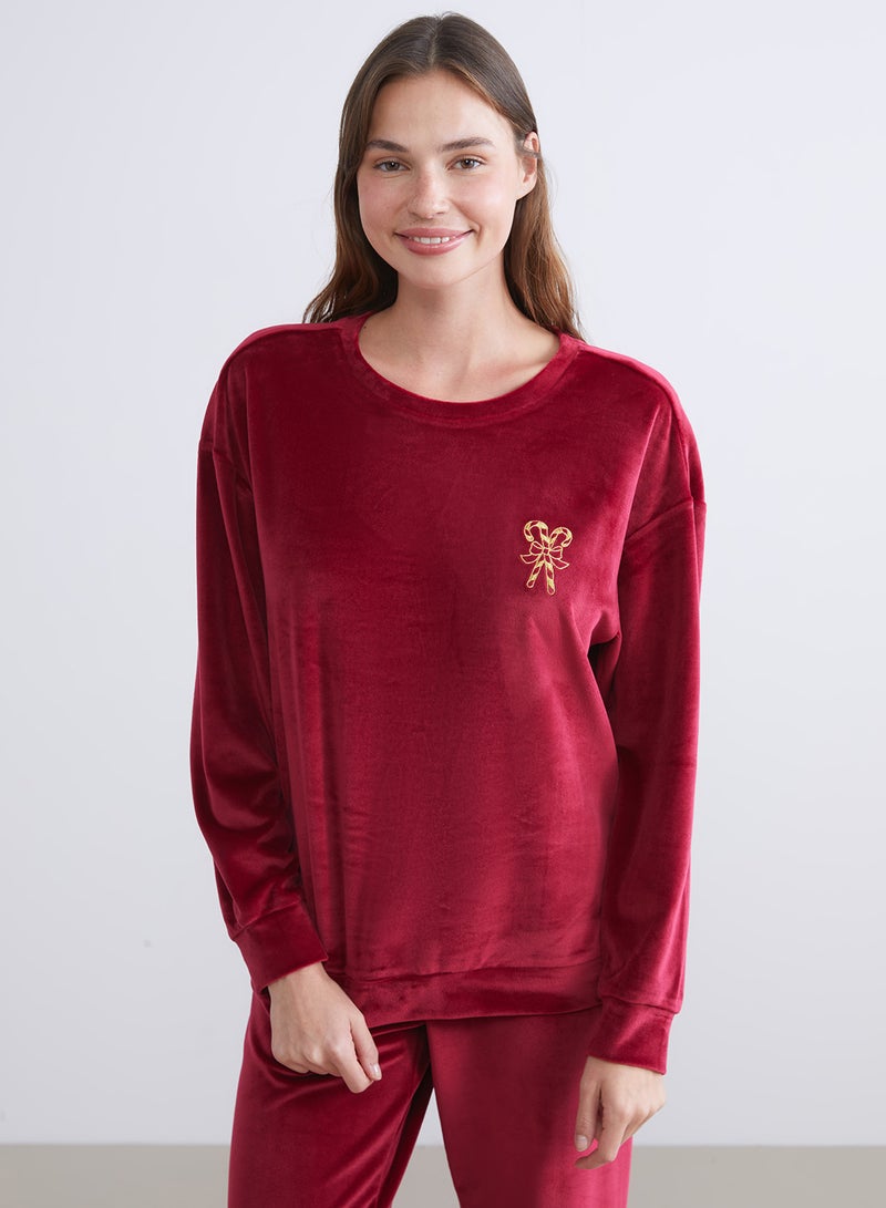 LC WAIKIKI Crew Neck Embroidered Women's Velvet Pyjama Set - Image 2