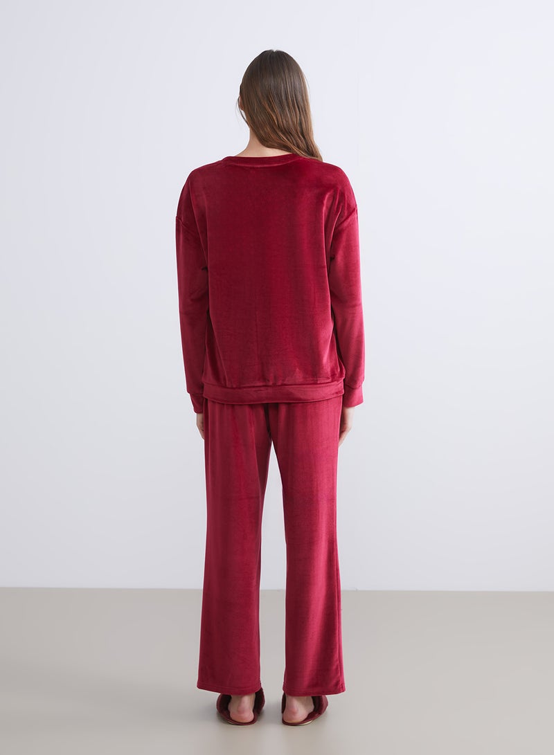 LC WAIKIKI Crew Neck Embroidered Women's Velvet Pyjama Set - Image 4