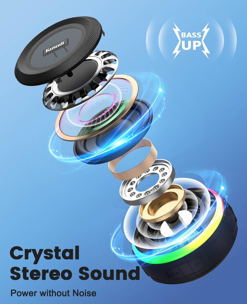 Kunodi Bluetooth Shower Speaker with IPX7 Waterproof, Dynamic Lights, Crisp Clear Sound, True Wireless Stereo, Clip Portable for Pool Beach Boat Kayak Float Golf Gift - Image 2