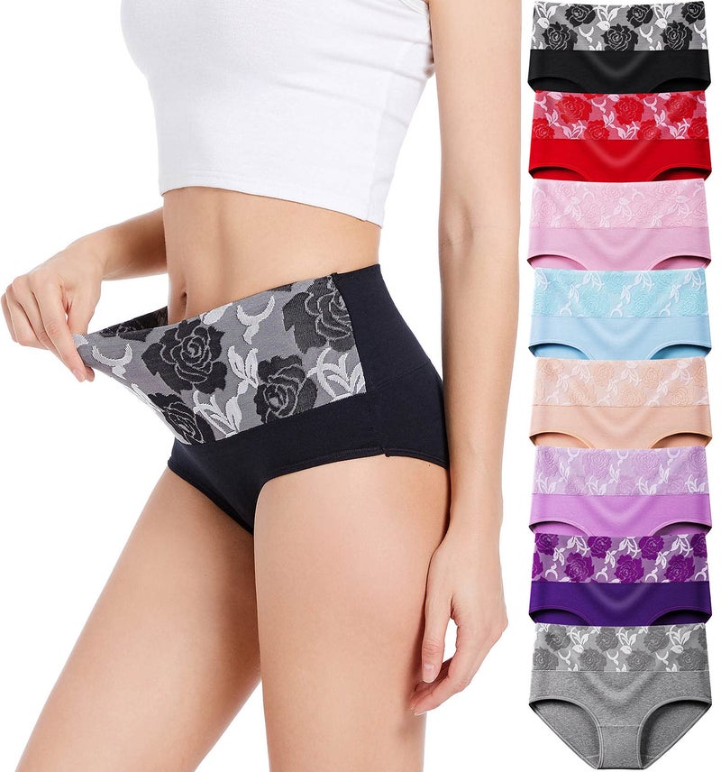 HAVVIS Women's Briefs Underwear Cotton High Waist Tummy Control Panties Rose Jacquard Multipack (Brief 01-8 Pack - Assorted Colors, Medium) - Image 1