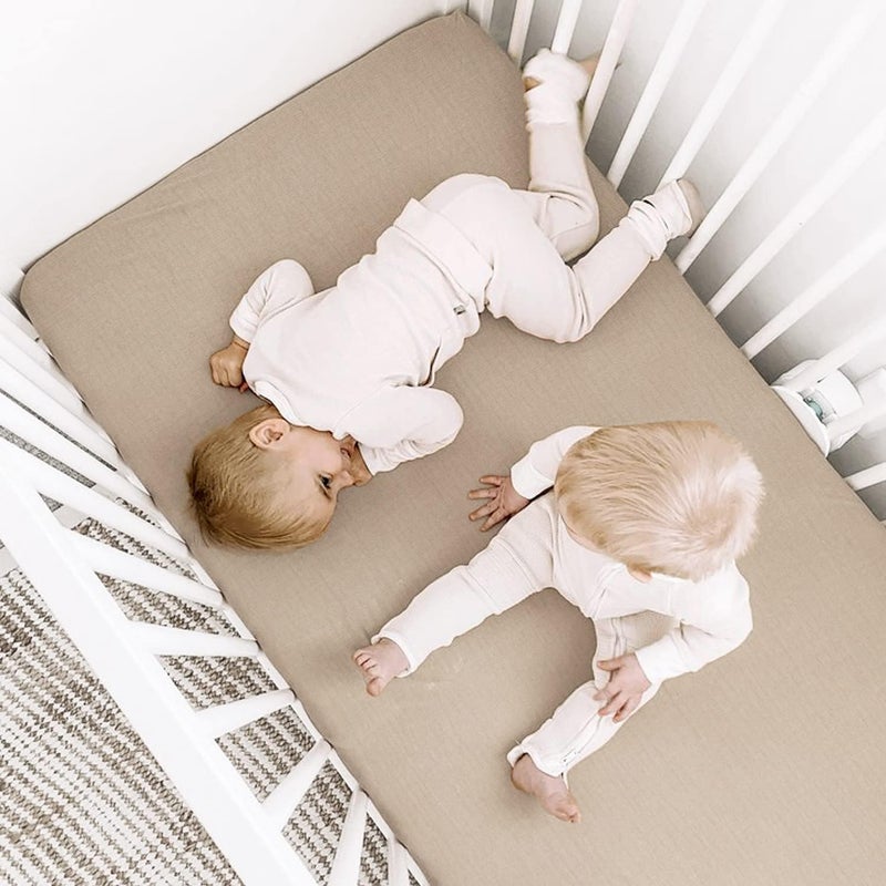 GRSSDER Soft Muslin Crib Sheet 2 Pack, 100% Cotton Crib Sheets for Boys and Girls, Fit Standard Crib Mattresses 52" x 28" Safe and Snug, Taupe/Fall Yellow - Image 3