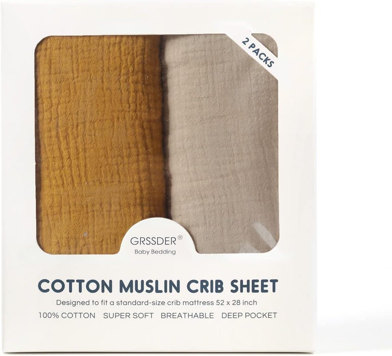 GRSSDER Soft Muslin Crib Sheet 2 Pack, 100% Cotton Crib Sheets for Boys and Girls, Fit Standard Crib Mattresses 52" x 28" Safe and Snug, Taupe/Fall Yellow - Image 2
