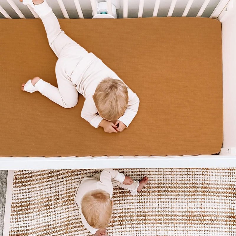 GRSSDER Soft Muslin Crib Sheet 2 Pack, 100% Cotton Crib Sheets for Boys and Girls, Fit Standard Crib Mattresses 52" x 28" Safe and Snug, Taupe/Fall Yellow - Image 5