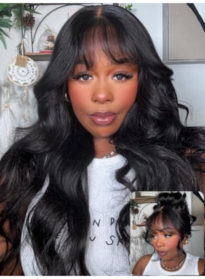 UNICE Pre Everything Body Wave 13x4 Lace Front Wigs Human Hair with Curtain Bangs Glueless Wig Human Hair Pre Plucked Pre Cut Lace Bleached Knots Ready to Wear Frontal Wig Black Color 24 inches - Image 1
