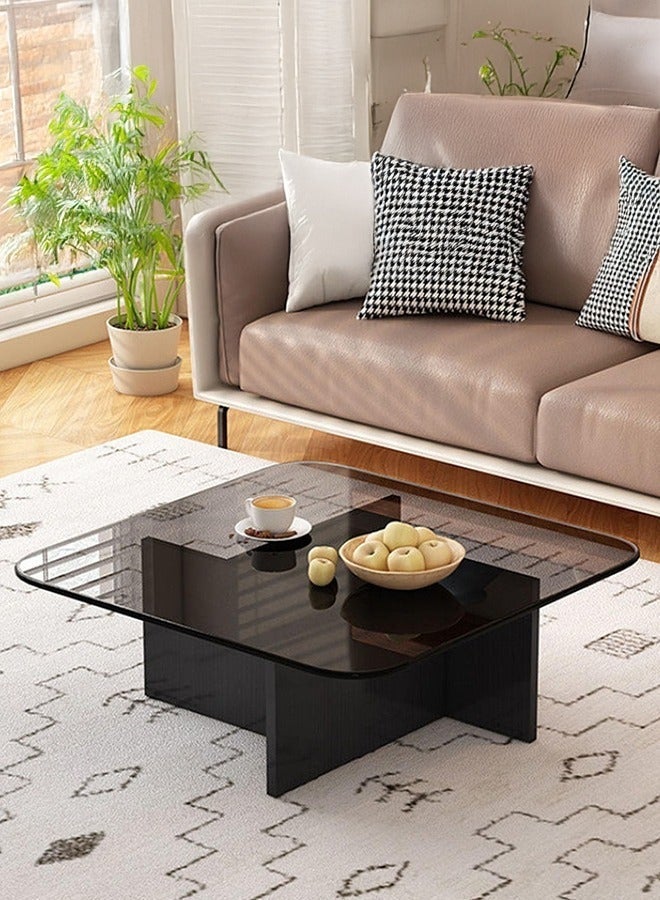 WALALLA Tempered Glass Square Coffee Tables,Unique Modern Table,Clear Coffee Table,Mid-Century Modern Abstract End Table with Wooden Base for Living Room Home Office 70*70*36cm - Image 1