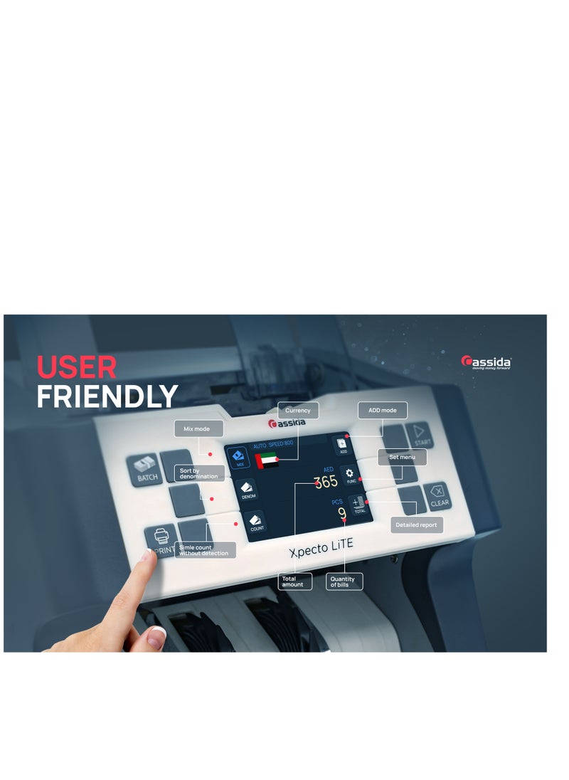 Cassida Xpecto Lite (AED only) Cash counting machine detector bill counter mix value with Dust Cover and External Display