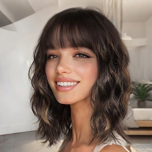 Nnzes Wig with Bangs for Women Shoulder Length Bob Wavy Women's Charming Synthetic Brown mixed Blonde Highlight Wigs with Natural Curly Heat Resistant Hair for Daily Party Use - Image 1