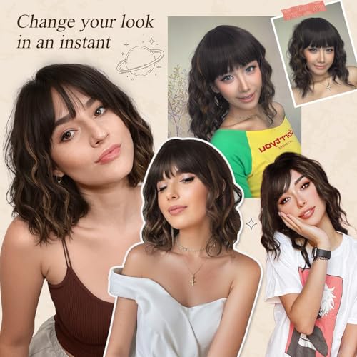 Nnzes Wig with Bangs for Women Shoulder Length Bob Wavy Women's Charming Synthetic Brown mixed Blonde Highlight Wigs with Natural Curly Heat Resistant Hair for Daily Party Use - Image 5