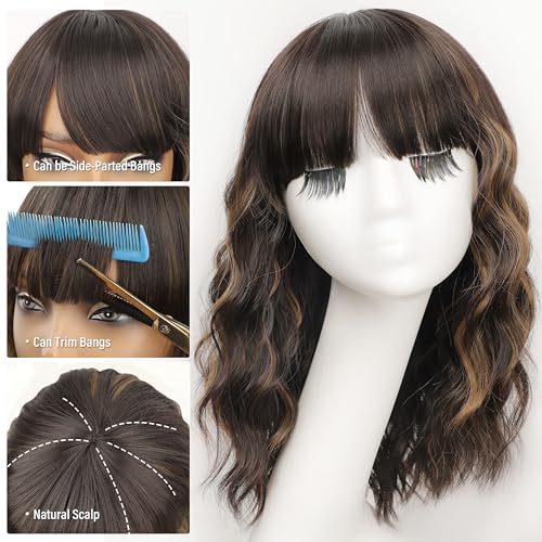Nnzes Wig with Bangs for Women Shoulder Length Bob Wavy Women's Charming Synthetic Brown mixed Blonde Highlight Wigs with Natural Curly Heat Resistant Hair for Daily Party Use - Image 2