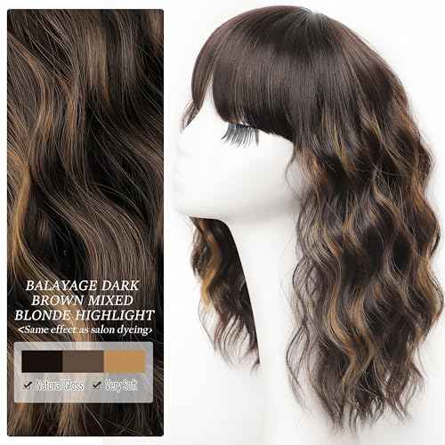 Nnzes Wig with Bangs for Women Shoulder Length Bob Wavy Women's Charming Synthetic Brown mixed Blonde Highlight Wigs with Natural Curly Heat Resistant Hair for Daily Party Use - Image 3