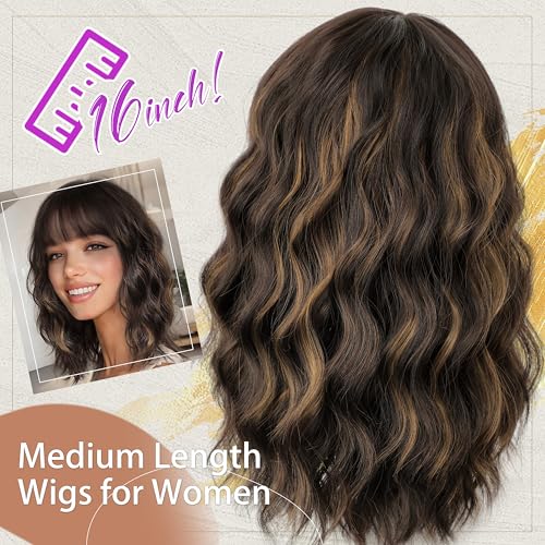 Nnzes Wig with Bangs for Women Shoulder Length Bob Wavy Women's Charming Synthetic Brown mixed Blonde Highlight Wigs with Natural Curly Heat Resistant Hair for Daily Party Use - Image 4