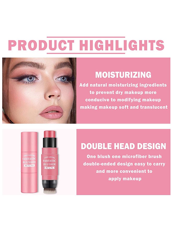 MAYCHEER Cream Blush Stick with Brush, Waterproof Blush Makeup, Long Lasting 2 In 1 Cheek Blush & Lip Tint & Eye Shadow Makeup Stick, Cream Blush Makeup for All Skin Tones（Milk Tea Pink） - Image 4