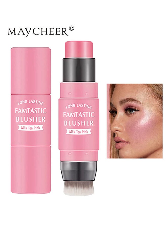 MAYCHEER Cream Blush Stick with Brush, Waterproof Blush Makeup, Long Lasting 2 In 1 Cheek Blush & Lip Tint & Eye Shadow Makeup Stick, Cream Blush Makeup for All Skin Tones（Milk Tea Pink） - Image 2